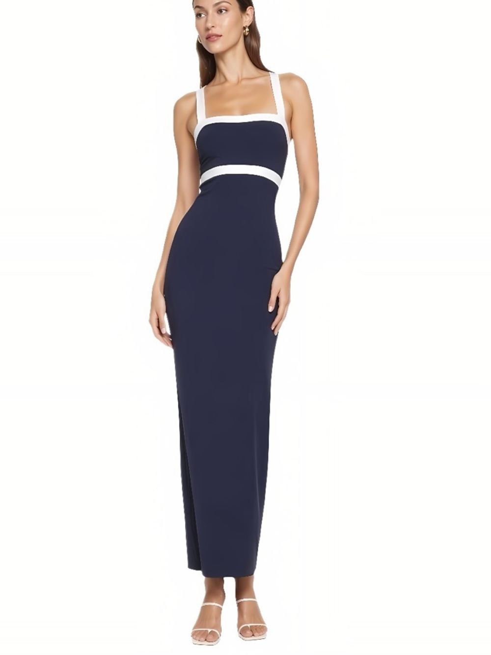 Staud Augustine Navy White Strap Maxi Dress Size L NWOT